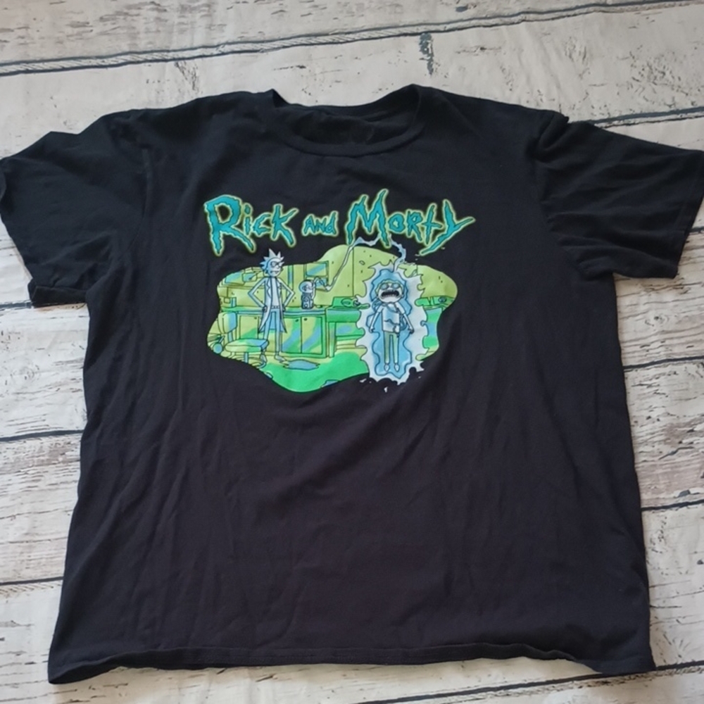 Rick and Morty Adult Swim Black Green Graphic T Shirt L